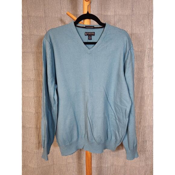 Stafford Signature Cotton Cashmere Light Blue V-neck Pullover Sweater, Large - Picture 1 of 6